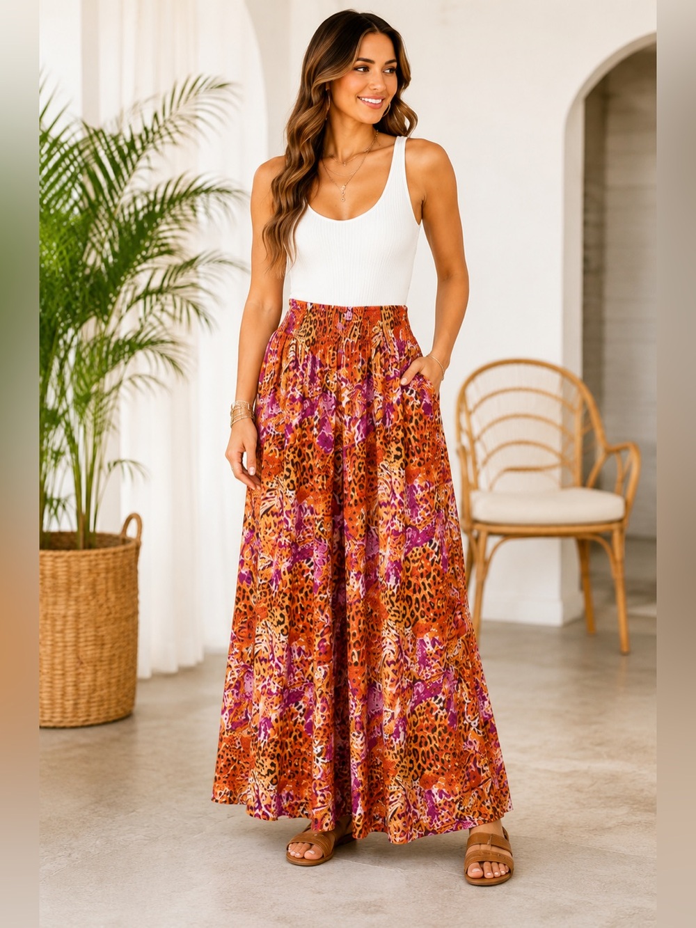 Umgee Wide Leg Palazzo Pants Size M Orange Purple Animal Print Boho Pull-On